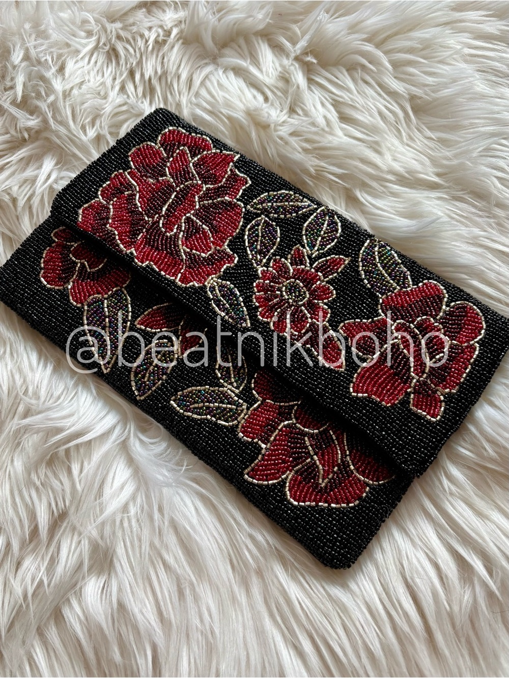 POL Black Floral Beaded Shoulder Bag | Evening Clutch Statement Purse Christmas - Picture 4 of 9